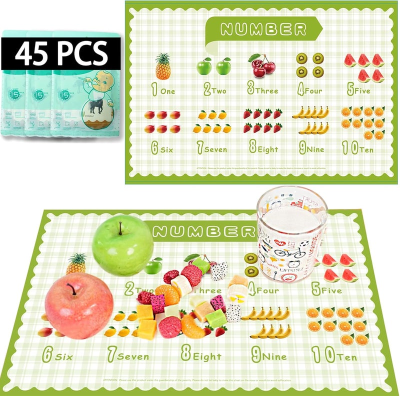 KAshack 45 Pack Sticky Disposable Placemats for Baby & Toddlers,Cute Number Fruit Toddler Placemat 12"x18" Kids Table Mat for Party,Picnic Table,Restaurants Dining Table Travel Essentials for Toddlers - Image 1